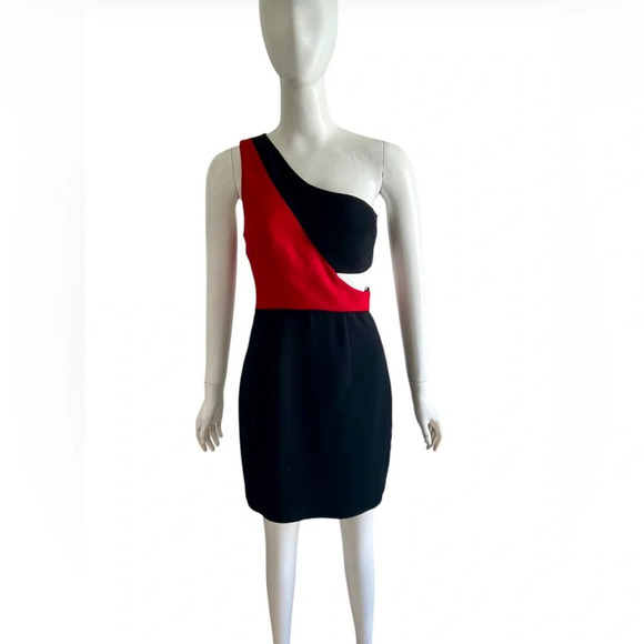 Black Halo Kylie Black Red One Shoulder Cut Out Sleeveless Mini Dress Size 4 - Picture 2 of 9